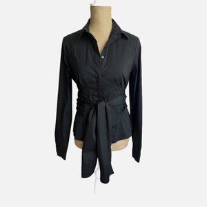 Prada Women's Black Long Sleeve Tie Waist Button Collared Dress Shirt Size 44